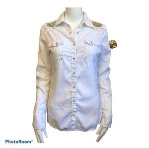 Roar Cotton Button Front Sequin Shirt Sz M